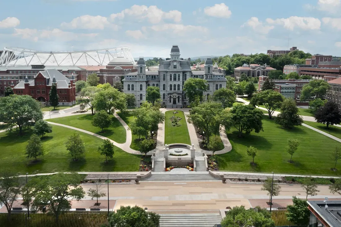 Aerial view of campus in the summer.