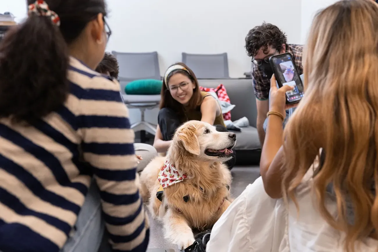 Students participate in Pet Therapy at the Barnes Center at The Arch.